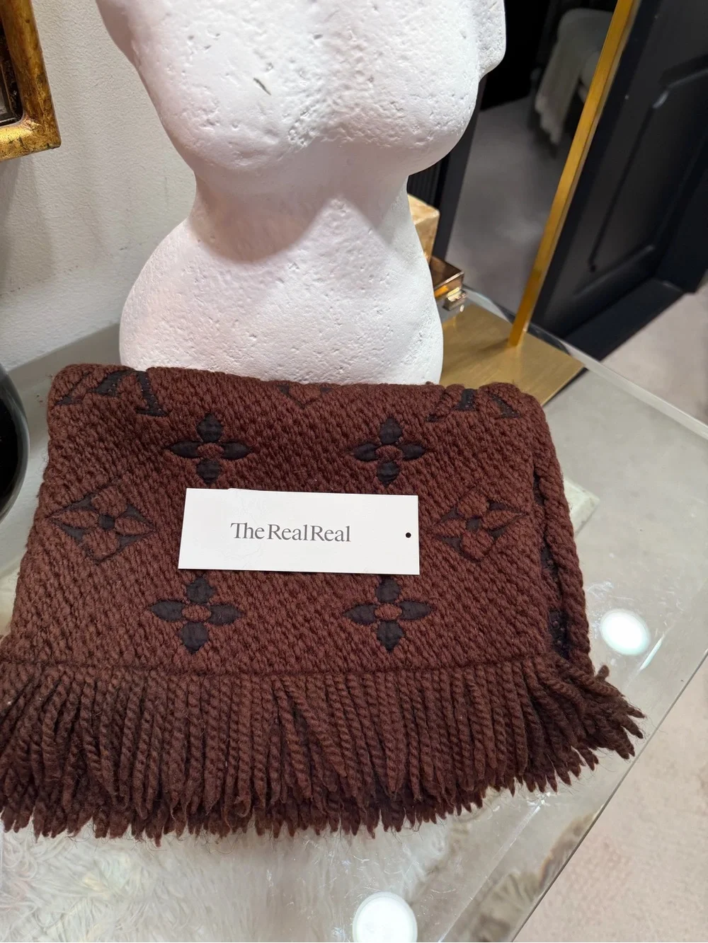 Louis Vuitton Brown Monogram unisex Wool-Blend Scarf w fringe